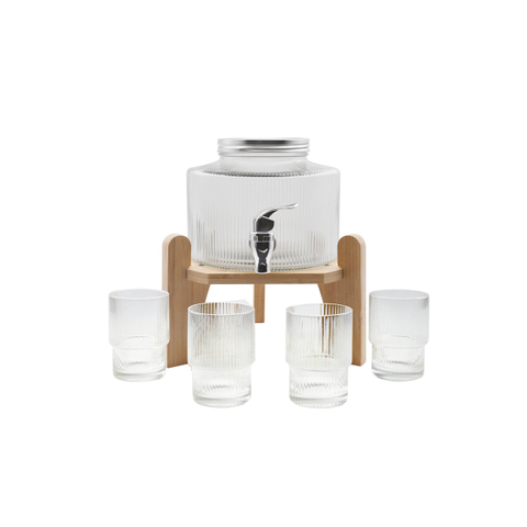 Transparent Glass Beverage Dispenser with Tap And Metal Lid in Wooden Set for Party And Home
