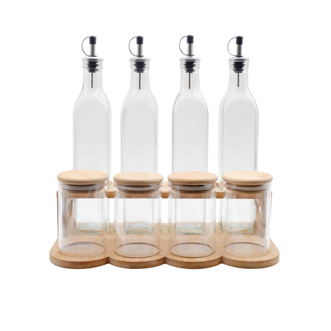 DEROLA Glass Oil Vinegar Dispenser And High Borosilicate Glass Storage Jar Set with Bamboo Tray, 8PCS in Set