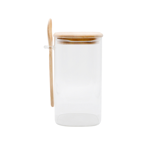 DEROLA Clear Airtight Glass Jar with Bamboo Lid And Spoon Scoop, Storage Salts, Coffee Bean, Spice, Creamer, Food Organizer, Square Bottom