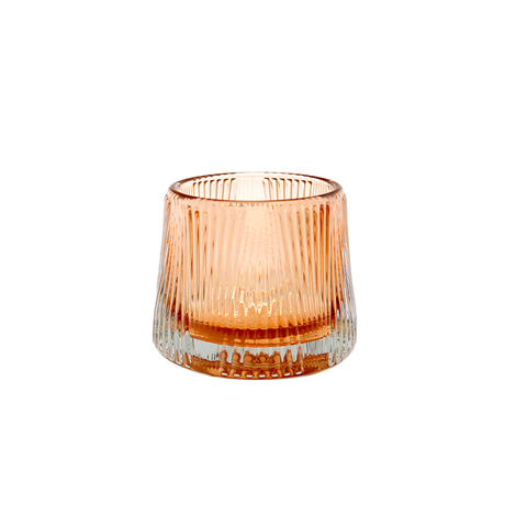 DEROLA Vintage Ribbed Rose Gold Glass Candlestick Holders, Pillar Candle, Tealight & Votive Candle Holders, Dining Table Decor, Shelf Decor, Centerpiece