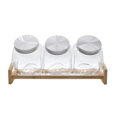 3PCS Glass Storage Jars with Wooden Rack for Cookie Coffee Sugar-DRL233013