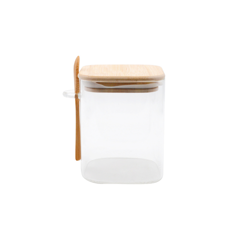 DEROLA Glass Jar with Bamboo Lids And Wooden Spoons, Coffee Tea Sugar Container Set for Canister Storage，Square Bottom