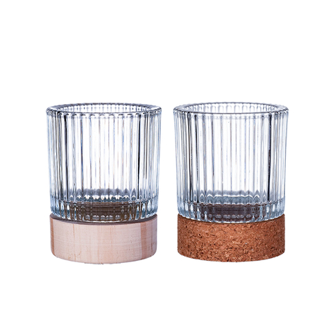 DEROLA 2PCS Vertical Stripped Clear Glass Candle Holder with Wooden Base