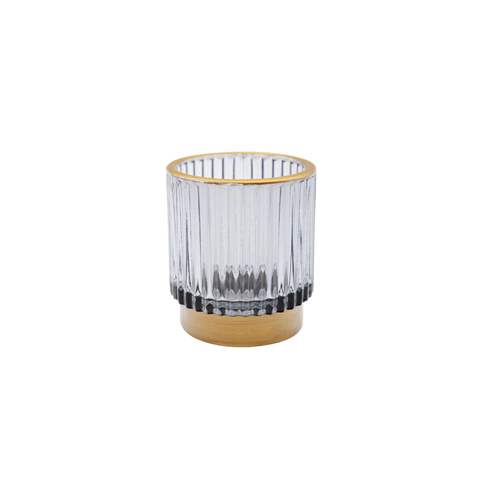DEROLA Grey Tealight Candle Holde with Golden Base, Textured Glass Tealight Candle Holder with Golden Edge