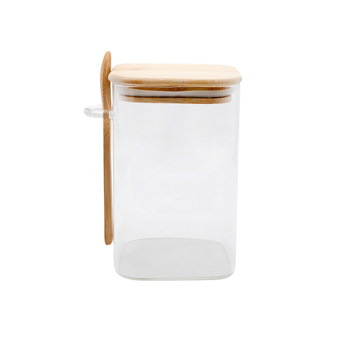DEROLA Glass Jar Salt Container with Square Bottom - Clear Airtight Caning with Bamboo Lid And Spoon Scoop, Storage Overnight Oats, Salts, Coffee Bean, Pack of 1