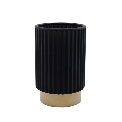 DEROLA Sprayed Black Color Candle Holder with Golden Base, Vertically striped Glass Tealight Candle Holder