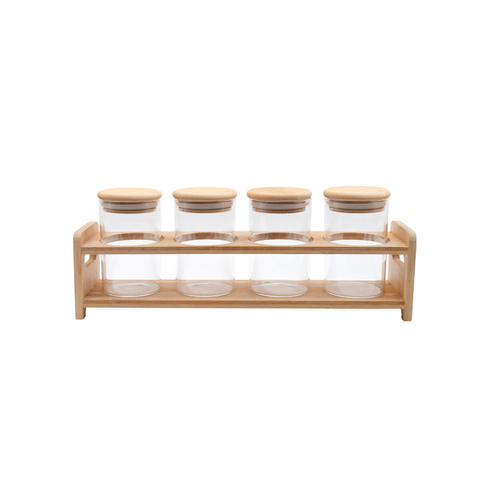 High Borosilicate Large Capacity Glass Jar with Bamboo Lid And Shelter, 4 Jars in Set