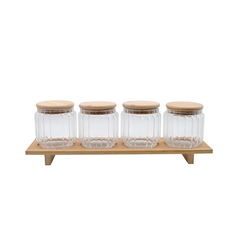 Air-tight High Borosilicate Glass Jar with Bamboo Lid And Shelter, Inner Vertical Pattern , 4 Jars in Set
