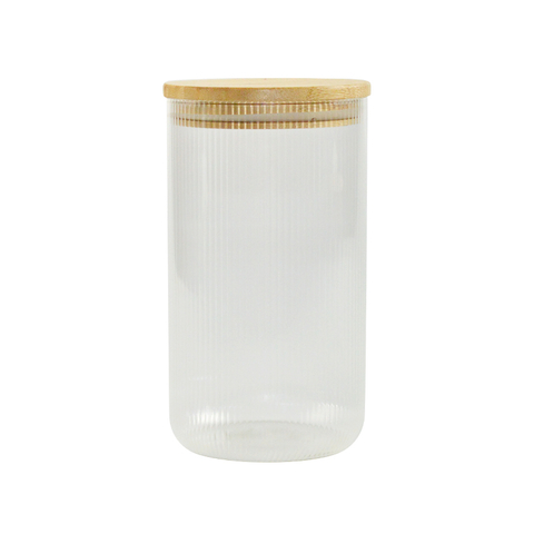 Cylinder Glass Jar with Bamboo Lid And Inner Vertical Streak Pattern