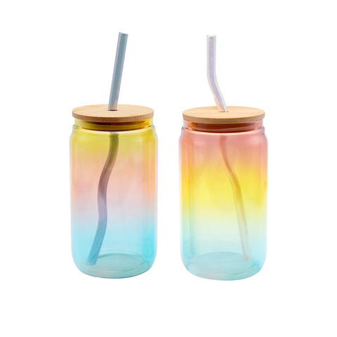 DEROLA 2Pcs Colorful Glass Cans with Bamboo Lids And Glass Straw - Shaped Drinking Glasses Cups And Beverage Bottles for Beer And Iced Coffee 