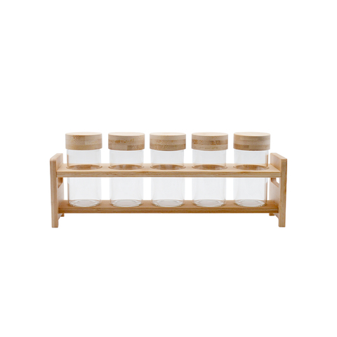 High Borosilicate Glass Jar with Bamboo Lid And Shelter, 5 Jars in Set